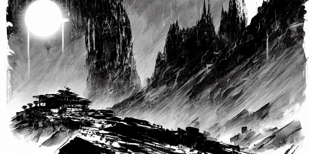 Image similar to a mythical magical sword halfway embedded in a stone radiant light, detailed and intricate environment, digital art, trending on art station kvlt by peder balke by peder balke by guido crepax by norman bluhm mystic high contrast monochromatic noir