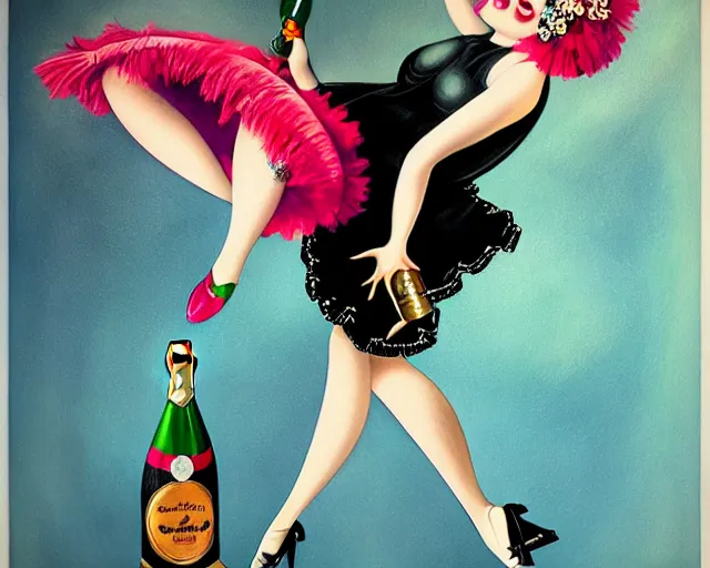 Prompt: a 1 9 2 0 s cancan dancer with a big bottle of champagne in art deco style, nicoletta ceccoli, mark ryden, lostfish, max fleischer, hyper realistic, artstation, illustration, digital paint, matte paint, vivid colors, bright, cheerful, detailed and intricate environment