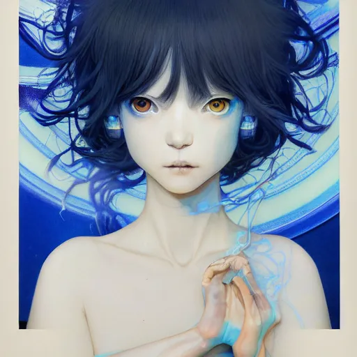 Image similar to prompt : ivory and blue portrait soft light painted by james jean and katsuhiro otomo and erik jones, inspired by evangeleon anime, smooth face feature, intricate oil painting, high detail illustration, sharp high detail, manga and anime 1 9 9 9