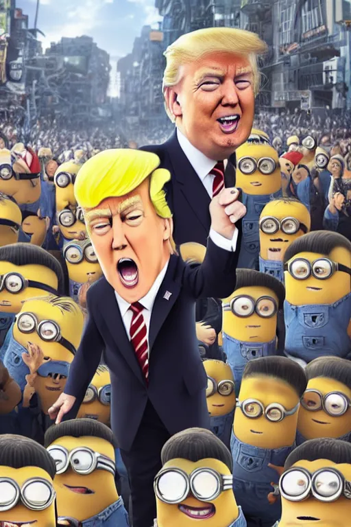 Prompt: trump with blond hair as a minion standing in front of a riot, anime style, intricate, portrait, 8 k highly professionally detailed, hdr, cgsociety