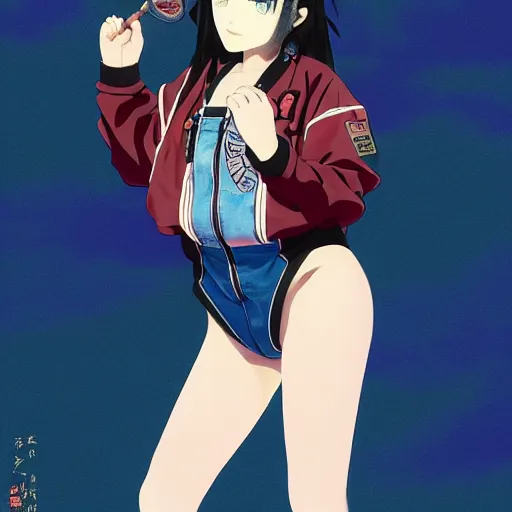 Image similar to a beautiful boyish kat dennings alluring gravure model, wearing oversized mayan bomber jacket and leotard with overalls, bulky poofy aztec native style bomber jacket with mayan patterns, gapmoe yandere grimdark, trending on pixiv fanbox, painted by greg rutkowski makoto shinkai takashi takeuchi studio ghibli, akihiko yoshida