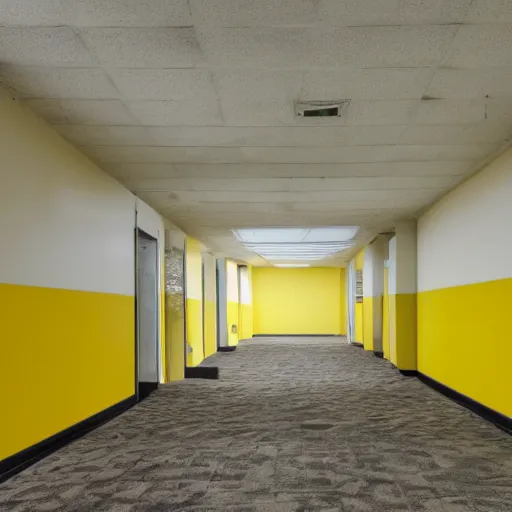 Prompt: abandoned rural offices, uneven hallways, uneven flooring, fluorescent lighting, pale yellow walls with slightly darker yellow stripes