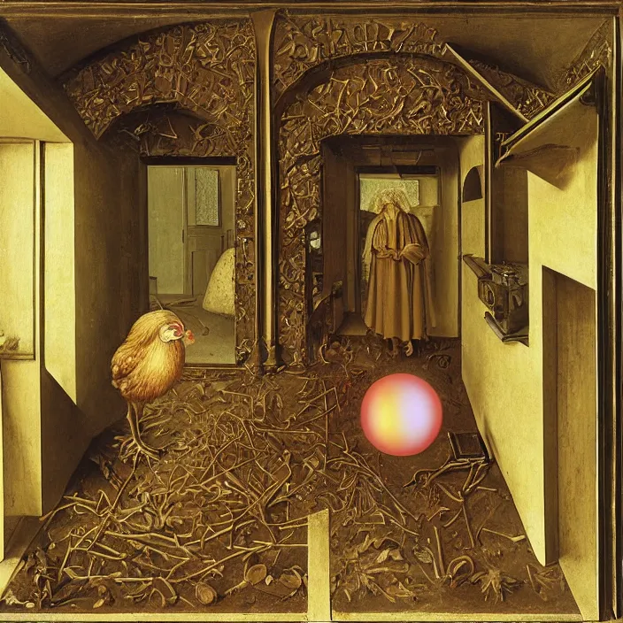 Prompt: a chicken in a hall with a glowing orb at the end, glowing orb door, by jan van eyck