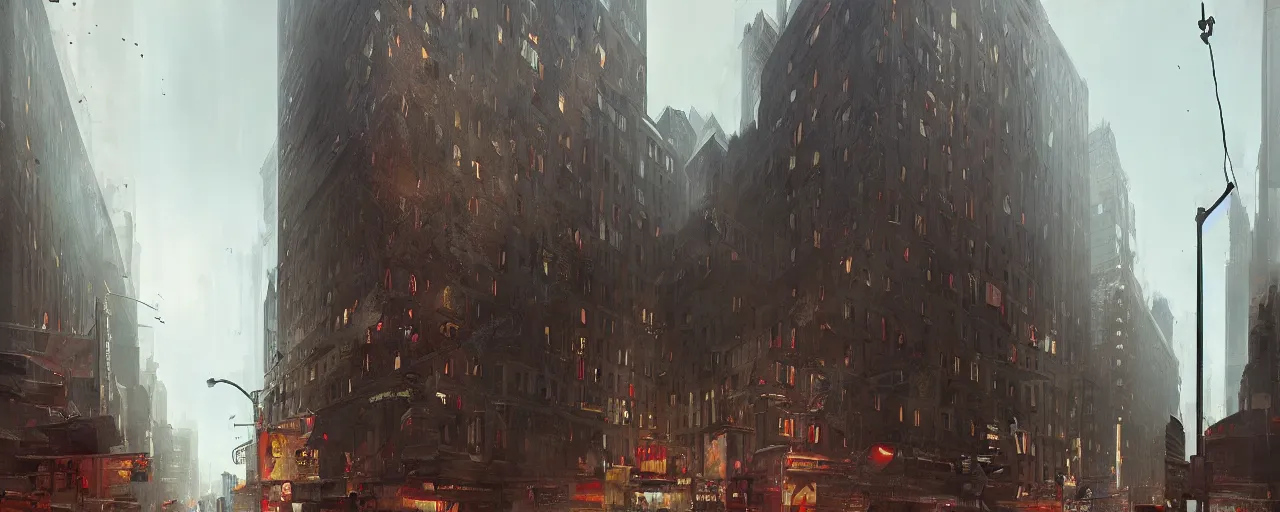 Image similar to new york city block. architecture. cinematic lighting. trending on artstation. cgsociety. art by greg rutkowski and william o'connor