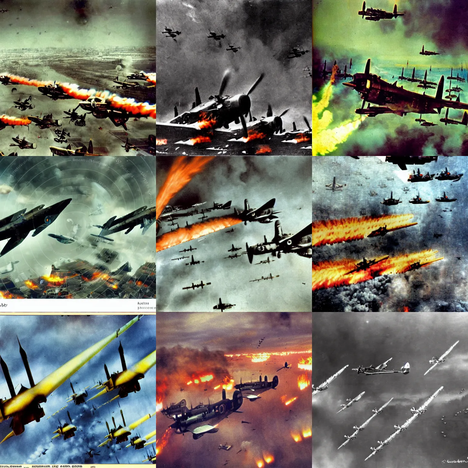 Prompt: armada of german stuka dive bombers, over a destroyed smoking flaming city, color, reflections, motion blur, atmospheric