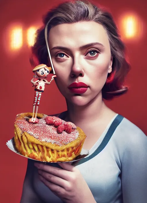 Image similar to closeup portrait of tin toy scarlett johansson eating cakes, depth of field, zeiss lens, detailed, symmetrical, centered, fashion photoshoot, by nicoletta ceccoli, mark ryden, lostfish, earl nore, hyung tae, frank frazetta, breathtaking, 8 k resolution, extremely detailed, beautiful, establishing shot, artistic, hyperrealistic, octane render