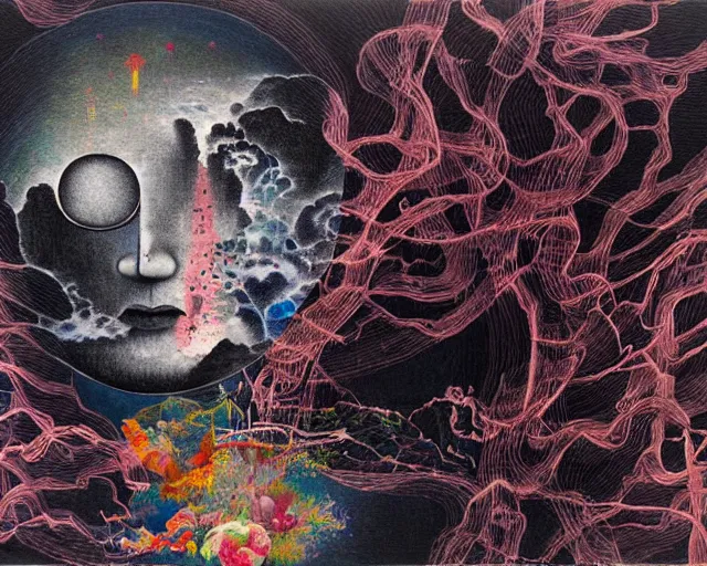 Image similar to a surreal, dense, vivid painting by otake chikuha depicting nihilism, depression, and transcendence