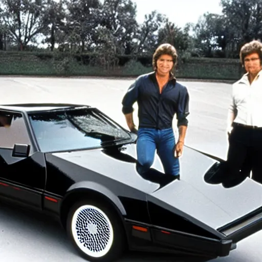 Image similar to a photo taken on the set of the tv show knight rider in 1 9 8 2, showing kitt the car from the series with michael knight posing in front