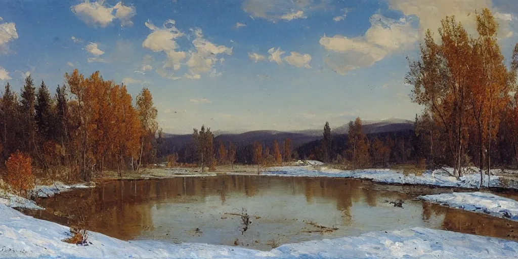 Image similar to winter, summer and autumn landscape, lush field, forest, river, matte painting, by Isaac Levitan and Vasily Perov