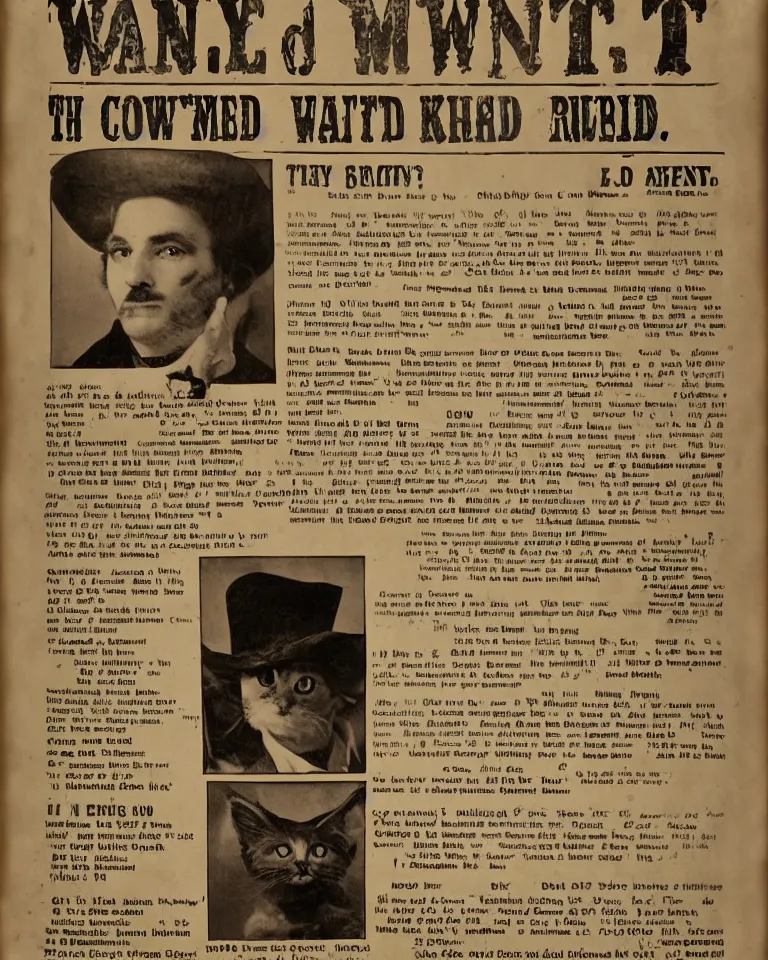 Prompt: 1880s wanted poster Wanted $1000 Reward kitten in a cowboy hat Billy the Kit