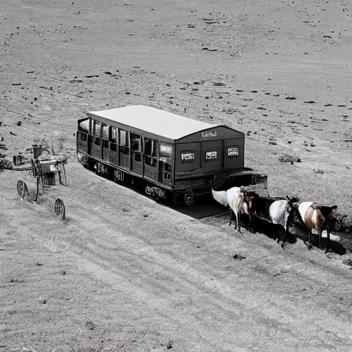 Prompt: a birdseye sepia photograph of a delorean in a line with covered wagons and cattle