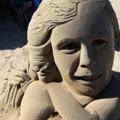 Image similar to a sand sculpture of jair messias bolsonaro on the beach