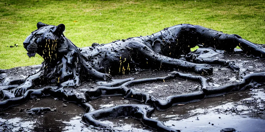 Image similar to the lioness made of tar, reforming from a puddle of tar, viscous, sticky, full of black goo, covered with black goo, splattered black goo, dripping black goo, dripping goo, splattered goo, sticky black goo. photography, dslr, reflections, black goo, zoo, exhibit