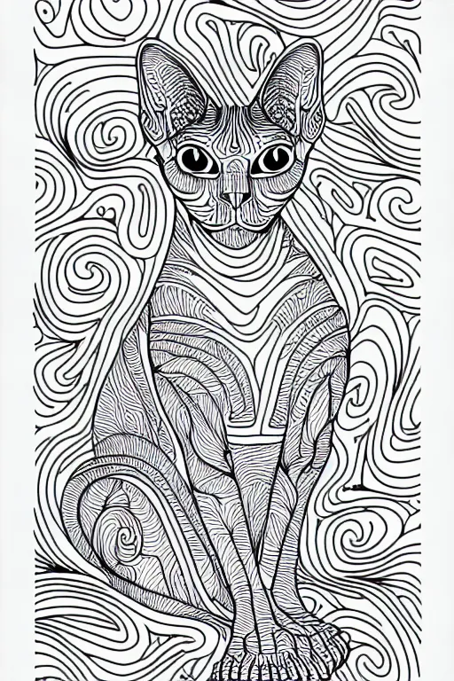 Prompt: sphynx cat statue ornaments fractal ink drawing line art colouring page, vector, margins, fine lines, centered