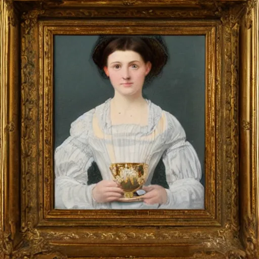 Image similar to portrait of a Victorian woman holding a teacup, oil on canvas, highly detailed, uncluttered,