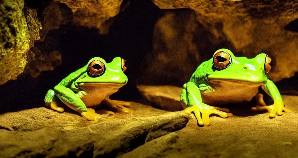 Prompt: an hi-fi shot of a frog with glowing skin, in a dark cave, cold saturated colours