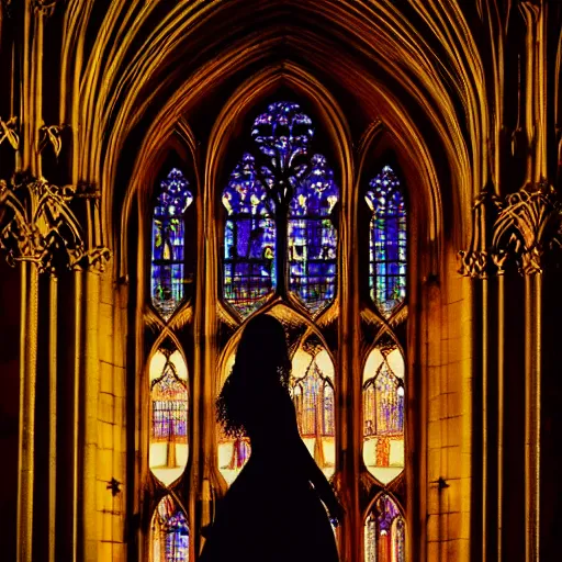 Prompt: 1 8 mm gothic girl dressed in black, behind her a gothic cathedral, dark ambients, the windows of the cathedral are reflecting red flame lights, golden hour, detailed face, intricate ornaments