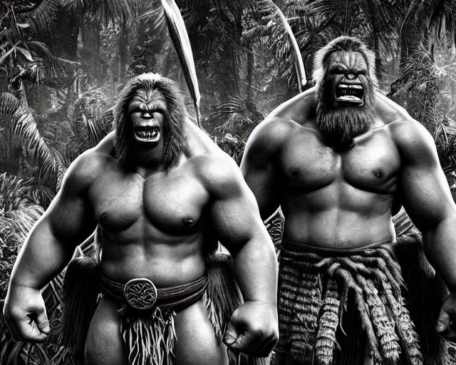 Image similar to hyper realistic group vintage photograph of a live action warcraft orc warrior tribe in the jungle, tall, hulk like physique, detailed faces, tribal paint, tribal armor, grain, old, monochrome, sepia toned, realistic lighting, wide angle