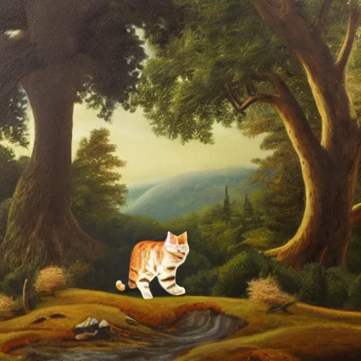 Prompt: a giant cat walking towards a castle in the forest, oil painting