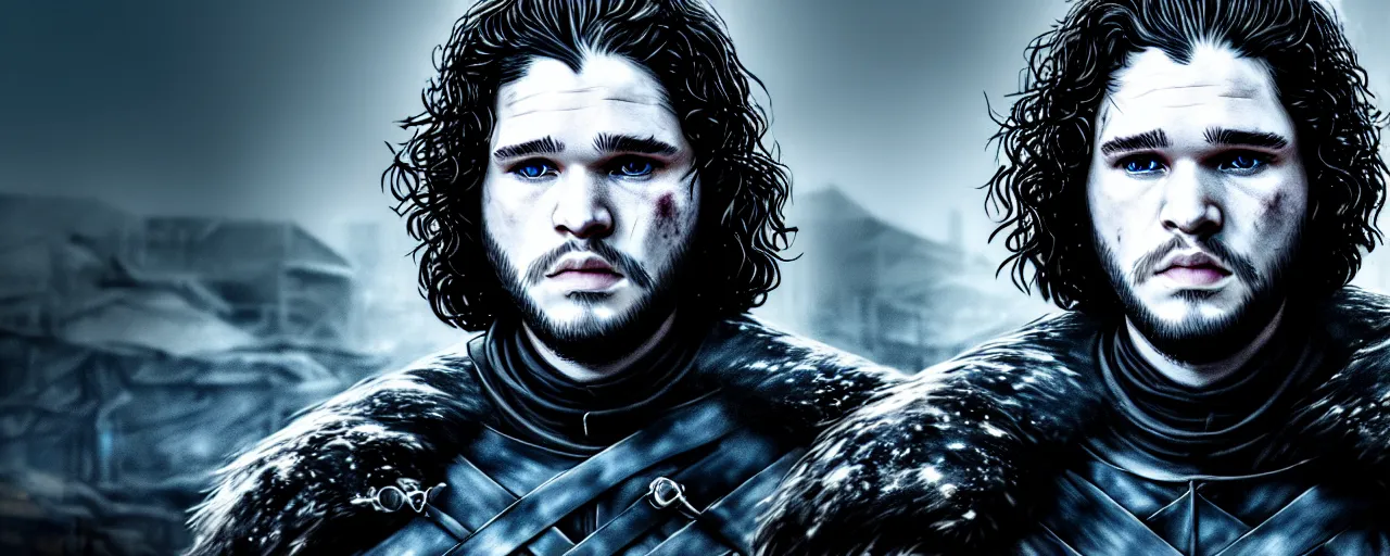 Image similar to portrait of Jon Snow, Game of Thrones, as a cyberpunk dystopia, 4k highly detailed digital art 4k highly detailed digital art