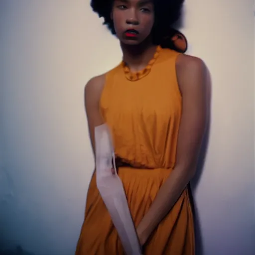 Image similar to realistic photoshoot for a new off-white lookbook, color film photography, portrait of a beautiful girl in style of tyler Mitchell, 35mm, graflex