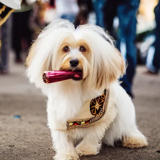 Prompt: a cream-colored Havanese dog dressed as a mariachi Singer, Leica 35mm, 4K