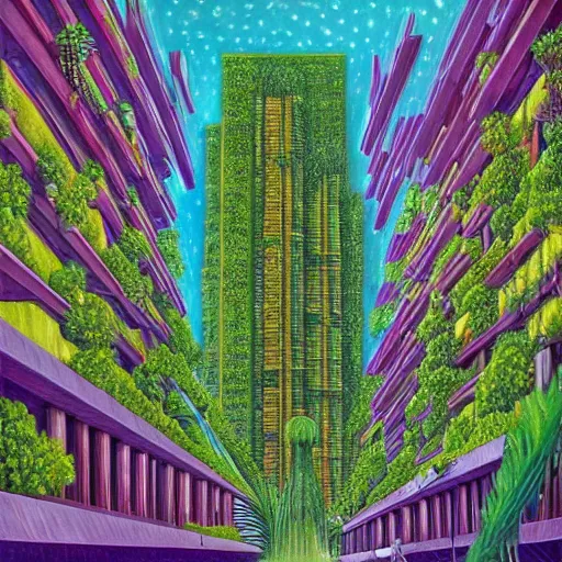 Image similar to a solar punk lush giant plants city, modern architecture by ricardo bofill, city of the jungle, by enrich, victorenrich, galactic nebula, surrealist oil painting