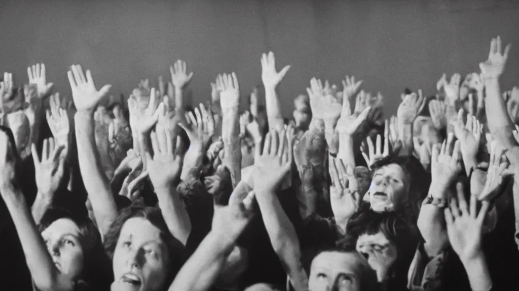 Prompt: movie still of a crowd waving hands saying good morning, cinematic composition, cinematic light, by david lynch
