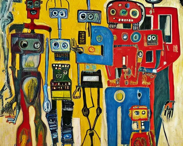 Image similar to a painting of a robot family portrait by graham sutherland, egon schiele, basquiat, expressionism