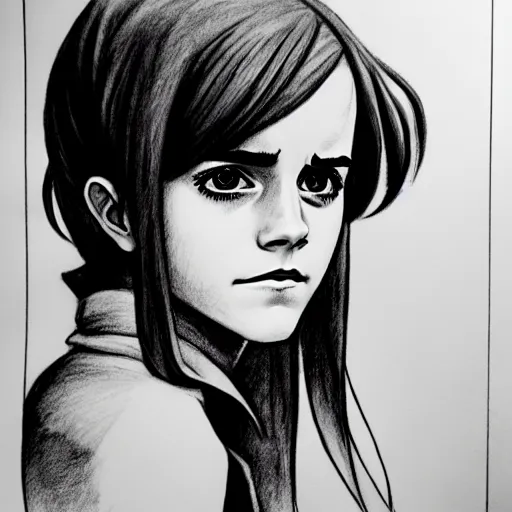 Image similar to emma watson in a demon slayer manga pencil, pencil and vine charcoal drawing, on medium grade paper, indian ink, variable lineart, grayscale, manga tones, detailed, set in hell, threatening an oompa loompa, hyper realistic, manga, beautiful