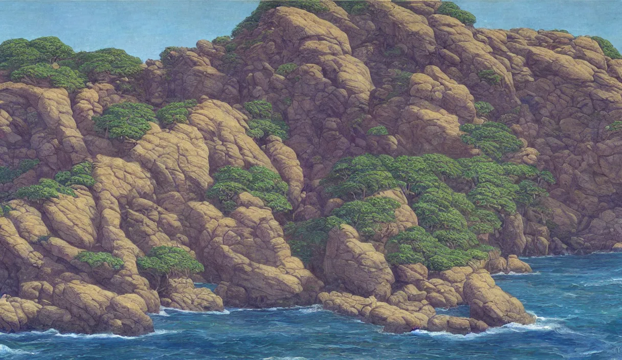 Prompt: rocky cliff front view, profile, close up, detailed by marianne north by moebius