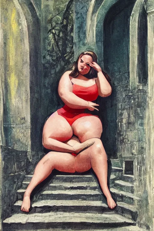 Image similar to plus - sized woman sitting on the stairs of a medieval building, summer, nature, natural light, forest setting, 1 9 6 0 s art, realistic, neo - renaissance, pop art, fantasy art, mixed media, by tom wesselman, by mel ramos, by martial raysse, by antonello de messina, by jim silke
