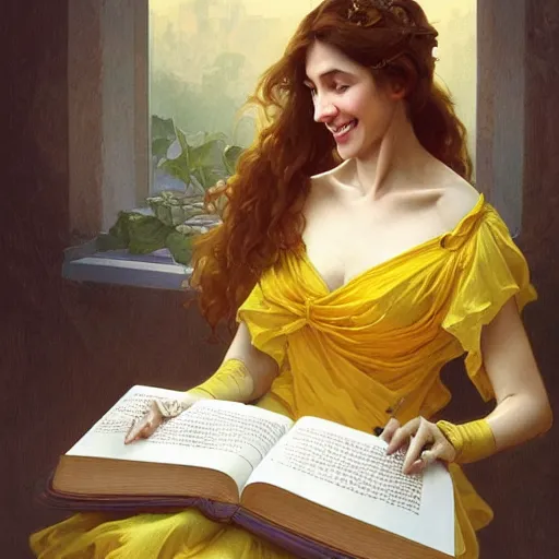 Prompt: a smiling beautiful woman wearing a yellow dress and reading a book, masterpiece, intricate, elegant, highly detailed, digital painting, artstation, concept art, smooth, sharp focus, illustration, art by artgerm and greg rutkowski and alphonse mucha and uang guangjian and gil elvgren and sachin teng, symmetry!!