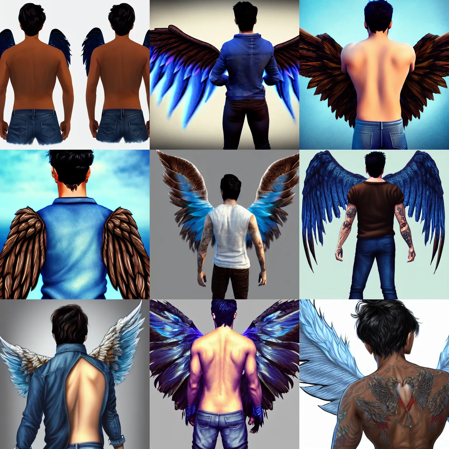 Prompt: male angel Tyler Posey with large wings. View from the back. Blue feathers, jeans, brown skin, long black hair. detailed urban fantasy digital art, trending on artstation