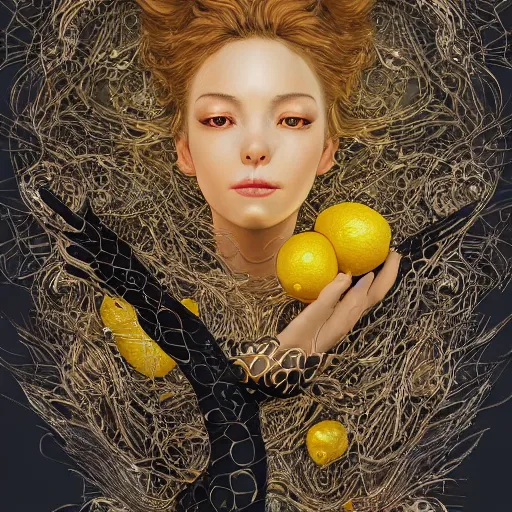 Image similar to the portrait of an absurdly beautiful, graceful, elegant, sophisticated, mature vixen made up of lemons looking up, an ultrafine hyperdetailed illustration by kim jung gi, irakli nadar, intricate linework, bright colors, octopath traveler, final fantasy, unreal engine 5 highly rendered, global illumination, radiant light, detailed and intricate environment