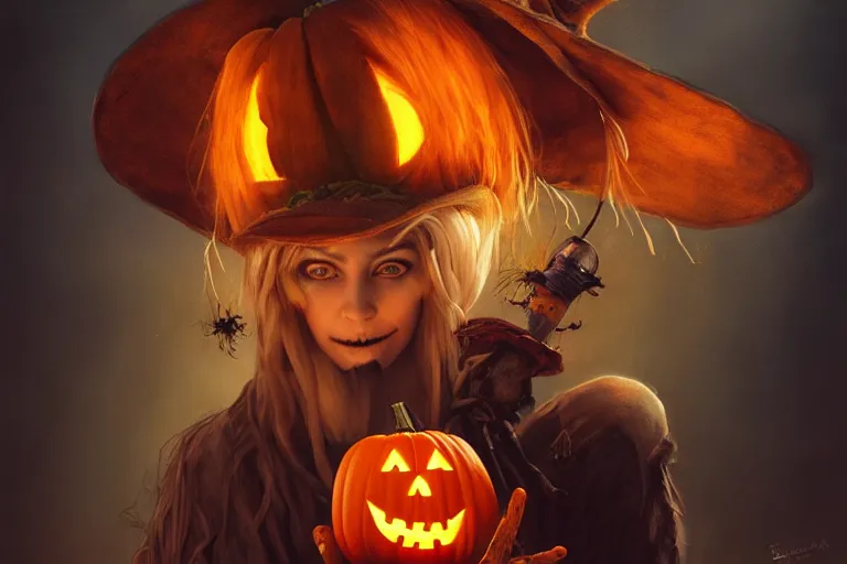 Image similar to portrait of a scarecrow with a jack - o - lantern head and a witch hat, halloween night, charlie bowater, artgerm, ilya kuvshinov, krenz cushart, ruan jia, realism, ultra detailed, 8 k resolution