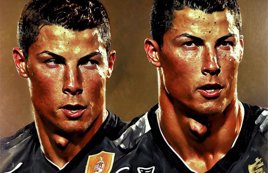 Prompt: portrait of christiano ronaldo!!!!!!!!!!!!!!!!!!!!!!!!!!!, detailed face, detailed painting, epic lighting, by ilya repin, phil hale and kent williams