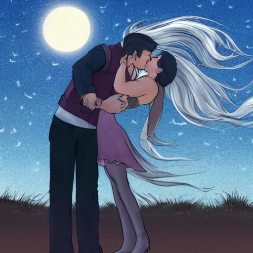 Image similar to seifer almasy kissing rinoa heartilly under the moonlight, with the night sea in the background.