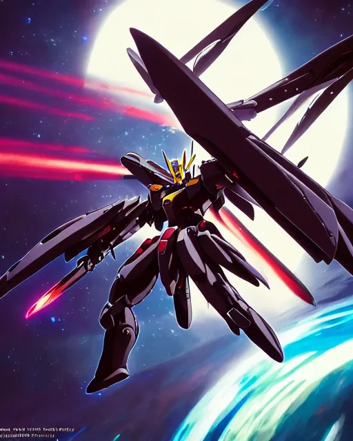 Image similar to highly detailed vfx portrait of gundam deathscythe hell fighting gundam epyon in space beam saber clash energy beams explosions, unreal engine, greg rutkowski, loish, rhads, beeple, makoto shinkai and lois van baarle, ilya kuvshinov, rossdraws, tom bagshaw, alphonse mucha, global illumination, detailed and intricate environment