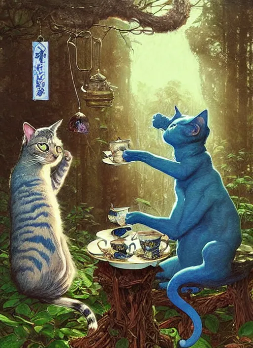 Image similar to cat having tea with a sorceress at a shrine in the woods gorgeous lighting, lush forest foliage blue sky a hyper realistic painting by chiara bautista and beksinski and norman rockwell and greg rutkowski weta studio, and lucasfilm