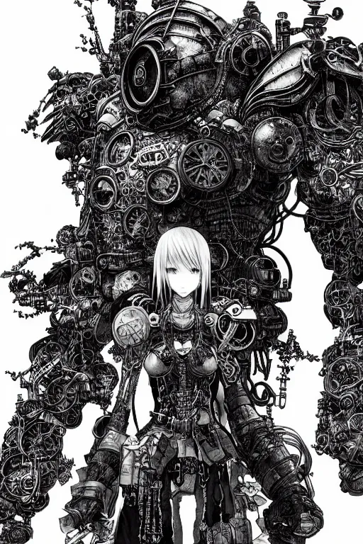 Image similar to a vertical portrait of a character in a scenic environment by Yoshitaka Amano and Nihei Tsutomu, black and white, dreamy, steampunk armor, highly detailed