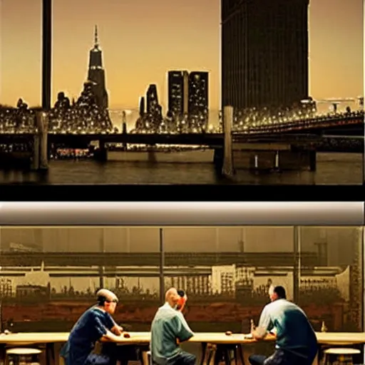 Prompt: cgi jade by michael sowa, by kazuki takamatsu. the art installation shows four people sitting in a diner late at night. the people in the art installation look tired & lonely. the art installation is set in new york city & shows the city's skyline in the background.