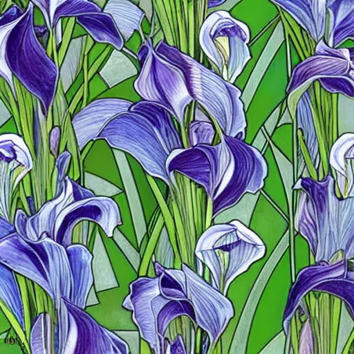 Image similar to a seamless pattern, a pattern of irises and calla lilies, repeating art, symmetry, aligned edges, art by alphonse mucha, art by sherree valentine daines