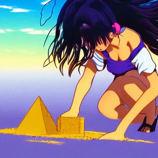 Prompt: girl making a sand castle on the beach, sprite, vaporwave nostalgia, visual novel cg, 8 0 s anime vibe, kimagure orange road, yu - no, initial d, sketch by by osamu tezuka, directed by beat takeshi, wallpaper, ultra hd, vlc screenshot