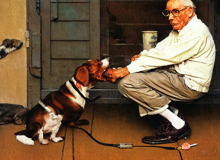 Image similar to high quality high detail painting by norman rockwell, hd, old man with is dog, muted pastel colors, photorealistic lighting