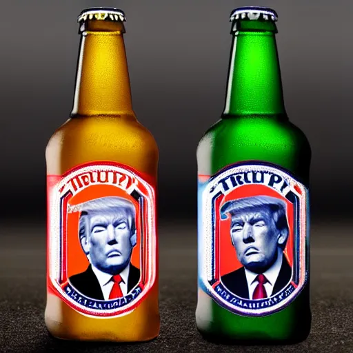 Image similar to a beer bottle with trumps face on its logo, hyper realistic, highly detailed.