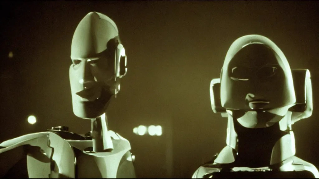 Image similar to The man with robot head, movie still, cinematic composition, cinematic light, by David Lynch