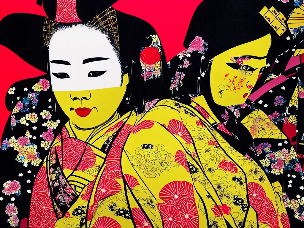 Image similar to hyperrealistic composition of the detailed woman in a japanese kimono sitting at a extremely detailed black jack table with golden darth vader, fireworks, mountain fuji on the background, pop - art style, jacky tsai style, andy warhol style, acrylic on canvas