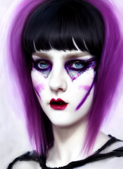 Image similar to portrait of white teenage girl, normal face, white bangs, mall goth, cyberlox, black and white hair, bangs, fluffy bangs, red contact lenses, purple lipstick, intricate, elegant, highly detailed, digital painting, artstation, concept art, sharp focus, smooth, illustration, art by wlop, mars ravelo and greg rutkowski