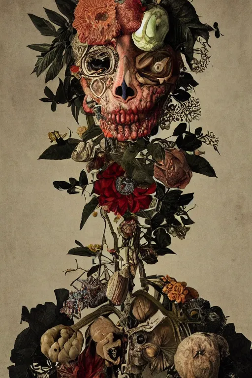 Image similar to Detailed maximalist portrait with large lips and with large, wide eyes, sad expression, extra bones, flesh, HD mixed media, 3D collage, highly detailed and intricate, surreal, botany, illustration in the style of Caravaggio, dark art, baroque